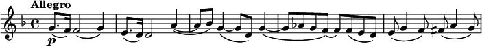 \relative c' { \key d \minor \time 4/4 \tempo "Allegro"
g'8.\p( f16) f2( g4) e8.( d16) d2 a'4(~ a8 bes) g4(~ g8 d) g4(~ g8 aes g f)~ f f(e d) e( g4 f8) fis( a4 g8) }