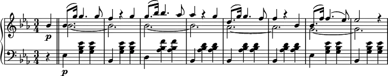 
 \new PianoStaff <<
   \new Staff { \key es \major \time 3/4
    \set Score.tempoHideNote = ##t
     \tempo "" 2. = 56
      \partial 4 \relative ees''
<<
{bes4\p \bar "||" bes8.( g'16) g4. g8 f4 r g g8.( bes16) bes4. aes8 aes4 r g d8.( g16) g4. f8 f4 r bes, bes8.( f'16) f4.( es8) es2 r4 }
\\
{s4 bes2. ~ bes bes ~ bes aes ~ aes g ~ g}
>>}
   \new Staff {\clef bass \key es \major \time 3/4
      \partial 4 \relative es 
       {r4 es\p <g bes es> q bes, <g' bes es> q d <as' bes f'> q bes, <as' bes d> q bes, <as' bes d> q bes, <as' bes d> q es <g bes es> q bes, <g' bes es> q }}
 >>
