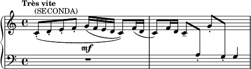 \relative c' {
\new PianoStaff <<
\new Staff = "R" { \key c \major \time 4/4 \set Score.tempoHideNote = ##t \tempo "Très vite" 4=120
\stemUp c8-.( ^\markup (SECONDA) d-. e-. f-. g16\( f e d c8\) ) f16( d
c8) f16 d c8-- \change Staff = "L" a-. \change Staff = "R" g'-. \change Staff = "L" g,-. g4
}
\new Dynamics {
s2 s2\mf
}
\new Staff = "L" { \key c \major \time 4/4 \clef bass
R1 s1
}
>>
}