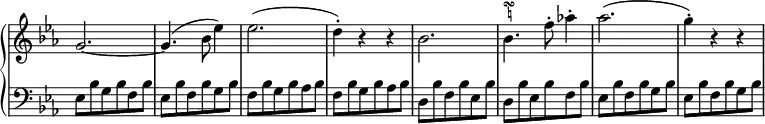 
 \relative c' {
  \new PianoStaff <<
   \new Staff \with { \remove "Time_signature_engraver" } { \key c \minor \time 3/4
    \override Score.NonMusicalPaperColumn #'line-break-permission = ##f
    g'2.~ g4.( bes8 es4) es2.( d4-.) r r bes2. bes4.
    ^\markup
       \override #'(baseline-skip . 1) {
        \halign #-1
        \teeny \center-column {
         \musicglyph #"scripts.turn"
         \natural
        }
       }
    f'8-. aes!4-. aes2.( g4-.) r r
   }
   \new Staff \with { \remove "Time_signature_engraver" } { \key c \minor \time 3/4 \clef bass
    es,,8 bes' g bes f bes es, bes' f bes g bes f bes g bes aes bes f bes g bes aes bes
    d, bes' f bes es, bes' | d, bes' es, bes' f bes | es, bes' f bes g bes | es, bes' f bes g bes
   }
  >>
 }
