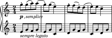 
{ \new PianoStaff <<
    \new Staff = "RH" \relative c''' { \clef treble \key c \major \time 2/4 
    [ g8-\markup { \dynamic p \italic { ,semplice} }-.  g( a-.) a( ] | g-.) g( e4--) | [ f8-. f( d-.) d( ] | e-.) e( c4-- |}  
    \new Staff = "LH" \relative c' { \clef treble \key c \major  \time 2/4
    [ e8-\markup { \italic {sempre legato} } g f g ] | [ e g c, g' ] | [ d g f g ] | [ c, g' d g ] |} 
   >> }
