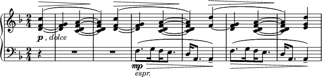 
 { \new PianoStaff <<
    \new Staff = "RH" \relative c'' { \clef treble \key f \major  \time 2/4
       \partial4 <c f,_~ d~>4-\markup { \dynamic p \italic {, dolce}}^\>^( | <g f d>4 <a~ f^~ d_~ c~>|<a f d c>)\! <c f,_~ d~>^\>^( | 
       <g f d>4 <a~ f^~ d_~ c~>|<a f d c>)\! <d f,~>^\>^( | <g, f d>4 <a~ f^~ d_~ c~>|<a f d c>)\! <d g, e> | }
    \new Staff = "LH" \relative c { \clef bass \key f \major  \time 2/4 
       r4 | R2 | R2 |
       f8.-\mp-\markup {\italic {espr.}}\>[( 
       \set stemLeftBeamCount = #2  \set stemRightBeamCount = #1
       g16 \set stemLeftBeamCount = #1  \set stemRightBeamCount = #2
       f16 e8.] | d16 a8. a4\!--) | 
       f'8.[\>( \set stemLeftBeamCount = #2  \set stemRightBeamCount = #1
       g16 \set stemLeftBeamCount = #1  \set stemRightBeamCount = #2
       f16 e8.] | d16 a8. a4\!--) | }
   >> }
