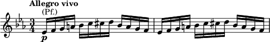  \relative g' { \key es \major \time 3/4 \tempo "Allegro vivo" es16^\markup { (Pf.)}_\markup { \dynamic p } f g a bes c cis d bes a g f | es f g a bes c cis d bes a g f }