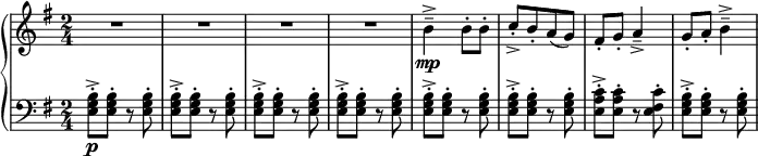 
 { \new PianoStaff <<
    \new Staff = "RH" \relative c'' { \clef treble \key e \minor  \time 2/4
       R2 R2 R2 R2 
       b4-\mp---> b8-.[ b8-.] | [ c-.-> b-. a( g) ] fis8-. g-. a4---> g8-. a-. b4--->|}
    \new Staff = "LH" \relative c' { \clef bass \key e \minor  \time 2/4 
       <b g e>8-\p-.-> <b g e>-. r <b g e>-. |<b g e>8-.-> <b g e>-. r <b g e>-. |
       <b g e>8-.-> <b g e>-. r <b g e>-. |<b g e>8-.-> <b g e>-. r <b g e>-. |
       <b g e>8-.-> <b g e>-. r <b g e>-. |<b g e>8-.-> <b g e>-. r <b g e>-. |
       <c a e>8-.-> <c a e>-. r <c fis, e>-. | <b g e>8-.-> <b g e>-. r <b g e>-. |}
   >> }
