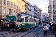 2軸車置き換えを目的にドイツのヴッパータール市電(ドイツ語版)から譲渡された550形(1988年撮影)