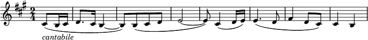 
\relative c' \new Staff {
 \key a \major \time 2/4 \partial 4
  cis8_\markup \italic cantabile ( b16 cis d8. cis16 b4~ b8) [ b( cis d] e2~
  e8) cis4( d16 e) e4.( d8 fis4 d8 cis) cis4 b
}
