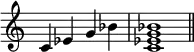 {\omit Staff.TimeSignature \time 4/4 c'4ees'g'bes' \time 4/4 <c'ees'g'bes'>1 \bar "||"}