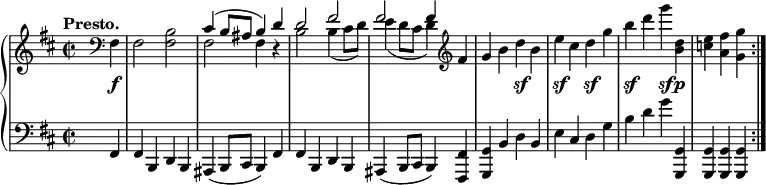\relative c {
\new PianoStaff <<
\new Staff {
\key b \minor \time 2/2 \set Score.tempoHideNote = ##t \tempo "Presto." 4=250 \partial 4.
s8 \clef bass fis4 fis2 <b fis>
<< { cis4( b8 ais b4) d d2 fis fis fis4 }
\\ { fis,2 fis4 d\rest b'2 b4( cis8 d) e4( d8 cis d4) } >> \clef treble fis4
g b d b e cis d g b d g <d, b> <e c> <fis a,> <g g,> \bar ":|."
}
\new Dynamics {
s8 s4\f s1 s s s s2 s\sf s\sf s\sf s\sf s4\sf s\p
}
\new Staff { \key b \minor \time 2/2 \clef bass
s8 fis,,,4 fis b, d b ais( b8 cis b4) fis' fis b, d b ais( b8 cis b4) <fis' fis,>
<g g,> b d b e cis d g b d g <g,, g,> <g g,> q q
}
>>
}