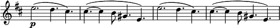 \relative c' \new Staff \with { \remove "Time_signature_engraver" } {
\key d \major \time 12/8
e'2.\p( d4. cis) cis4.~( cis4 b8 gis4. e4.)
e'2.( d4. cis) cis4.~( cis4 b8 gis4. e4.) }