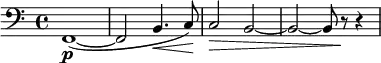 \relative c' {
\key c \major \clef bass
\time 4/4
\tempo ""
\tempo 4 = 58
f,,1\p~
( f2 b4.\< c8\! )
c2\> b~
b~ b8 r\! r4
}