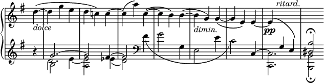 \relative c' {
\new PianoStaff <<
\new Staff = "up" \with { \remove "Time_signature_engraver" } { \key e \minor \time 3/4 \partial 4
\override TextScript #'whiteout = ##t
d'4_\markup \italic dolce (~ d g e d c!) c~ c( a') c,(~ c b) b(~ b_\markup \italic dimin. g\!) g(~ g e) e~
e\pp ^\markup \italic " ritard." ^\( \change Staff = "down" \stemUp g, e\) <b' dis,>2\fermata
}
\new Staff = "down" \with { \remove "Time_signature_engraver" } { \key e \minor \time 3/4
<<
{ b'4\rest g2.~ g2 fis4~ fis2 \clef bass s4 s2. s2. s2 c,4~ \stemDown <c c,>2. <b b,>2_\fermata }
\\
{ s4 b'2 e4~ <e a,>2 es4( d2) fis4( g2 g,4 e2 e'4 c2) s4 s2. s2 }
\\
{ s4 \stemDown d2. }
>>
}
>>
}