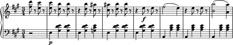 \relative c' {
\new PianoStaff <<
\new Staff { \key fis \minor \time 3/4
\set Score.tempoHideNote = ##t \tempo "" 2. = 56
\partial 2
<fis' d'>8 r <e cis'> r <e cis'> r <d b'> r <d b'> r r4 <d b'>8 r <cis ais'> r <cis ais'> r <d b'> r <d b'> r r4 e8\f r e r fis2( e4) r e8 r e r <b b'>2( <a a'>4)
}
\new Staff { \key fis \minor \time 3/4 \clef bass \partial 2
r2 e,4\p <gis d' e> <gis d' e> e <gis d' e> <g cis e> e <gis d' e> <gis d' e> e <gis d' e> <gis d' e> a, <a' cis e> <a cis e> a, <a' cis e> <a cis e> a, <a' cis e> <a cis e>
}
>>
}