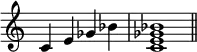 {\omit Staff.TimeSignature \time 4/4 c'4e'ges'bes' \time 4/4 <c'e'ges'bes'>1 \bar "||"}