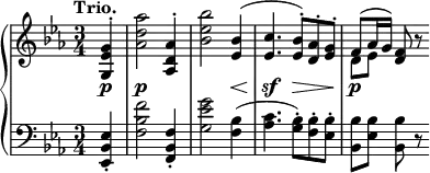 
 \relative c' {
  \new PianoStaff <<
   \new Staff { \key es \major \time 3/4 \tempo "Trio." \partial 4
    <<
     { <g' es g,>4-. \once \stemDown <aes' d, aes>2 <aes, d, aes>4-. \once \stemDown <bes' es, bes>2 <bes, es,>4(
      <c es,>4. <bes es,>8-.) <aes d,>-. <g es>-. f( aes16 g) <f d>8 b\rest }
    \\
     { s4 s2. s2. s2. d,8 es s4 }
    >>
   }
   \new Dynamics {
    s4\p a2.\p s2 s4\< s4.\sf s4.\> s4\p s4
   }
   \new Staff { \key es \major \time 3/4 \clef bass
    <es, bes es,>4-. <f' bes, f>2 <f, bes, f>4-. <g' es g,>2 <bes, f>4(
    <c aes>4. <bes g>8-.) <bes f>-. <bes es,>-. <bes bes,>[ <bes es,>] <bes bes,> r
   }
  >>
 }

