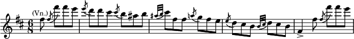 {\key b \minor \time 6/8 \partial 2 \relative b'' {fis8^\markup{\smaller \center-align (Vn.)} \slashedGrace fis8( fis'8)[ fis e] \slashedGrace e8( d8) d cis \slashedGrace cis8( b8) ais b \slashedGrace{ais32( b} cis8) fis, fis \slashedGrace a8( g8) fis e \slashedGrace e8( d8) cis b \slashedGrace {b32( cis} d8) cis b fis4-> fis'8 \slashedGrace fis8( fis'8) fis e} } 