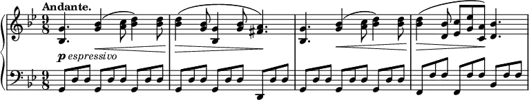 \relative c' {
\new PianoStaff <<
\new Staff { \key g \minor \time 9/8 \tempo "Andante."
<g' bes,>4._\markup { \dynamic p \italic espressivo } <bes g>4\<( <c a>8 <d bes>4) <d bes>8 <d bes>4(\> <bes g>8 <g bes,>4 <bes g>8 <a fis>4.)\!
<g bes,> <bes g>4\<( <c a>8 <d bes>4) <d bes>8 <d bes>4\>( <bes d,>8 <c es,> <es g,> <a, c,>\!) <bes d,>4.
}
\new Staff { \key g \minor \time 9/8 \clef bass \stemUp
g,,8 d' d g, d' d g, d' d | g, d' d g, d' d d, d' d | g, d' d g, d' d g, d' d | f, f' f f, f' f bes, f' f |
}
>>
}