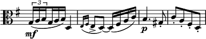 
\relative c' \new Staff \with { \remove "Time_signature_engraver" } {
 \set Score.tempoHideNote = ##t \tempo "" 4=108 \key g \major \time 2/4 \clef alto
 \set subdivideBeams = ##t
 \set baseMoment = #(ly:make-moment 1 8)
 \set beatStructure = #'(2 2 2 2)
 \times 2/3 { g16\mf ( a b } g16*2/3 a b) d,4 \set subdivideBeams = ##f
 \grace { e16( fis } e8-> d)~ d16( fis a c) b4.\p gis8-. c-.[ a-. fis-. d-.]
}
