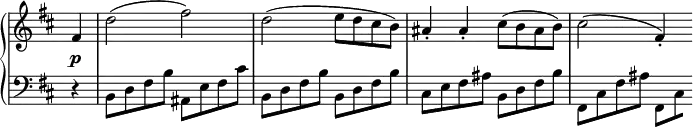 
 \relative c' {
  \new PianoStaff <<
   \new Staff \with { \remove "Time_signature_engraver" } { \key d \major \time 2/2 \partial 4
    fis4 d'2( fis) d( e8 d cis b) ais4-. ais-. cis8( b ais b) cis2( fis,4-.)
   }
   \new Dynamics {
    s4\p
   }
   \new Staff \with { \remove "Time_signature_engraver" } { \key d \major \time 2/2 \clef bass
    \stemDown
    r4 b,,8 d fis b ais, e' fis cis' b, d fis b b, d fis b
    cis, e fis ais b, d fis b fis, cis' fis ais fis,[ \set stemRightBeamCount = 1 cis']
   }
  >>
 }
