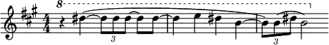 
 \relative c'' {
 \numericTimeSignature
 \time 4/4
 \key a \major
 \ottava #1
   r4 dis'( ~ \tuplet 3/2 { dis8 dis dis~ } dis dis~
   dis4 e dis b ~ |
  \tuplet 3/2 { b8) b( dis } b2)
 }
