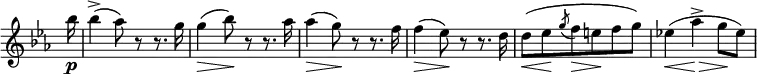 
\relative c''' \new Staff \with { \remove "Time_signature_engraver" } {
 \set Score.tempoHideNote = ##t \tempo "" 4=110 \key es \major \time 3/4 \partial 16
 bes16\p bes4-> ( aes8) r r8. g16 g4\> ( bes8\! ) r r8. aes16
 aes4\> ( g8\! ) r r8. f16 f4\> ( es8\! ) r r8. d16
 d8\< ( es\! \acciaccatura g f\> e\! f g) es!4\< ( aes-> \> g8\! es)
}
