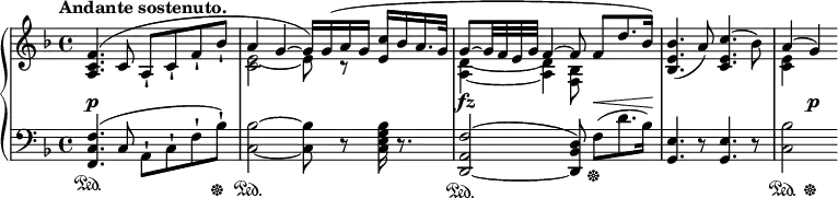
 \relative c' {
  \new PianoStaff <<
   \new Staff { \key f \major \time 4/4
    \set Score.tempoHideNote = ##t \tempo "Andante sostenuto." 4=68
    \override Score.NonMusicalPaperColumn #'line-break-permission = ##f
    <<
     { 
      <f c a>4.( c8 a_! c_! f_! bes_! a4 g~ g16) g( a g <c e,> bes a16. g32
      g8~ g32 f e g f4~ f8 f[ d'8. bes16] )
     }
    \\
     { s1 <e,~ c>2 e8 r s4 <d a>~ q <bes f>8 s4 }
    >>
    <bes' e, bes>4.( a8) <c e, c>4.( bes8) << { a4( g) } \\ { <e c> } >>
   }
   \new Dynamics {
    s1\p s s4\fz s s8 s\< s8. s16\! s1 s4 s\p
   }
   \new Staff { \key f \major \time 4/4 \clef bass
    <f, c f,>4.\sustainOn ( c8 a-! c-! f-! bes-!\sustainOff)
    <bes c,>2\sustainOn ~ q8 r <bes g e c>16 r8.
    <f a, d,~>2^( \sustainOn <d bes d,>8) f[ \sustainOff ( d'8. bes16) ]
    <e, g,>4. r8 <e g,>4. r8 <bes' c,>2*1/2 \sustainOn s4\sustainOff
   }
  >>
 }
