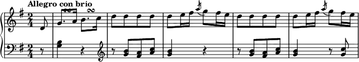 
 \relative c' {
  \new PianoStaff <<
   \new Staff { \key g \major \time 2/4 \tempo "Allegro con brio" \partial 8
    d8 << { g8. a16 } { s8 s\turn } >> << { b8. c16 } { s8 s\turn } >> d8 [d d d] d8 e16 fis \slashedGrace a16 (g8) fis16 e d8 [d d d] d8 e16 fis \slashedGrace a16 (g8) fis16 e
     }
   \new Staff { \key g \major \time 2/4 \clef bass
    r8 <g,, b>4 r \clef treble r8 <g' b> [<fis a> <a c>] <g b>4 r r8 <g b> [<fis a> <a c>] <g b>4 r8 <g c>
   }
  >>
 }
