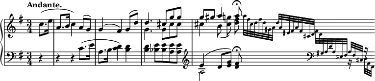 
\relative c'' {
  \new PianoStaff <<
   \new Staff = "R" {
    \key g \major \time 3/4 \set Score.tempoHideNote = ##t \tempo "Andante." 4=60 \partial 4
    <<
     {
      \stemNeutral c8.( e16 a,8. b16 c4) a8( g) g4( fis) \stemUp g8( d')
      d4. cis8 g' g g gis a4 a8\fermata \stemNeutral
      \grace { a32[ fis cis d fis d gis, a] d[ a eis fis a fis cis d]
      \stemDown fis[ d \change Staff = "L" \clef bass \stemUp gis, a d a eis fis]
      << { a[ fis cis] } \\ { b16\rest s32 } >> << { b'16\rest s32 } \\ { d,[ a fis] } >> }
     }
    \\
     { s4 s2. s g''4. g8 cis cis cis4 b8( <g' cis,>) <fis d> }
    >>
   }
   \new Staff = "L" { \key g \major \time 3/4 \clef bass
    r4 r r c,8.( e16 a,8. b16 <d c>4) <d b> q <e bes>8 q <e a,> q
    \clef treble << { e4( d8[ <g e>] ) <fis d>\fermata } \\ { a,2 } >> 
   }
  >>
 }
