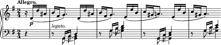 
 \relative c' {
  \new PianoStaff <<
   \new Staff { \key g \major \time 2/4 \tempo "Allegro." \partial 4
    r16 d( d' ais b[ fis g8.]) d16( d' ais b[ fis g8.])
    e16( e' b c[ gis a!8.]) e16( e' b c[ gis a8.])
   }
   \new Dynamics {
    s16 s\p s8 s4_\markup \italic legato.
   }
   \new Staff { \key g \major \time 2/4 \partial 4 \clef bass
    <<
     {
      d,,4\rest d8\rest g,16 b d4 d8\rest g16 b d4
      d,8\rest g,16 c e4 d8\rest g16 c e4*1/4
     }
    \\
     {
      \set tieWaitForNote = ##t
      \autoBeamOff
      s4 s8 g,,8*1/2~ b16~ <b g>4 s8 g'8*1/2~ b16~ <b g>4
      s8 g,8*1/2~ c16~ <c g>4 s8 g'8*1/2~ c16~ <c g>4*1/4
     }
    >>
   }
  >>
 }
