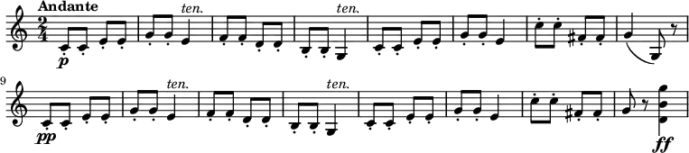 \relative c' {
\version "2.18.2"
\key c \major
\time 2/4
\tempo "Andante"
\tempo 4 = 60
\set Staff.midiMinimumVolume = #0.2 \set Staff.midiMaximumVolume = #0.5
c8-.\p c-. e-. e-. g-. g-. e4 ^ \markup{\italic {ten.}}
f8-. f-. d-. d-. b-. b-. g4 ^\markup{\italic {ten.}}
c8-. c-. e-. e-. g-. g-. e4
c'8-. c-. fis,-. fis-.
g4 (g,8) r
\set Staff.midiMinimumVolume = #0.1 \set Staff.midiMaximumVolume = #0.4
c8-.\pp c-. e-. e-. g-. g-. e4 ^ \markup{\italic {ten.}}
f8-. f-. d-. d-. b-. b-. g4 ^\markup{\italic {ten.}}
c8-. c-. e-. e-. g-. g-. e4
c'8-. c-. fis,-. fis-.
g r
\set Staff.midiMinimumVolume = #0.6 \set Staff.midiMaximumVolume = #1
<d b' g'>4 \ff
}