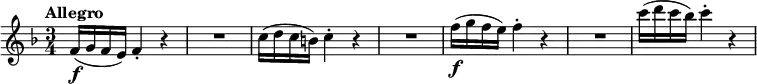 \relative c' {
\tempo "Allegro"
\key f \major
\time 3/4
f16(\f g f e) f4-. r |
R1*3/4 |
c'16( d c b) c4-. r |
R1*3/4 |
f16(\f g f e) f4-. r |
R1*3/4 |
c'16( d c bes) c4-. r |
}