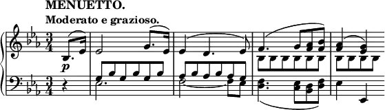 
 \relative c' {
  \new PianoStaff <<
   \new Staff { \key es \major \time 3/4 \partial 4
    \tempo \markup {
     \column {
      \line \fontsize #1 { MENUETTO. }
      \line { Moderato e grazioso. }
     }
    }
    <<
     { bes8.( es16) es2 g8.( es16) es4( d4. es8) f4.( g8 <aes f> <bes f>) <aes f>4( <g es>) }
    \\
     { s4 s2. s2. bes,8 bes bes bes bes bes bes[ bes bes bes] }
    >>
   }
   \new Dynamics {
    s4\p
   }
   \new Staff { \key es \major \time 3/4 \clef bass
    <<
     { d,4\rest g8 bes g bes g bes aes bes aes bes aes g }
    \\
     { s4 es2. f2~ f8 es <f d>4.( <es c>8 <d bes> <f d>) es4 \stemUp es, }
    >>
   }
  >>
 }
