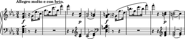 
 \relative c' {
  \new PianoStaff <<
   \new Staff { \key c \minor \time 3/4 \tempo "Allegro molto e con brio."
    \override Score.NonMusicalPaperColumn #'line-break-permission = ##f
    <c' g es>4. r16 g([ es'8. c16] g'8.[ es16 c'8. g16] es'4-.) es-. r4 <c, g>4 <c g>2( <b g>4)
    <b aes f>4. r16 g([ f'8. d16] b'8.[ f16 d'8. b16] f'4-.) f-. r <d, b> <d b>2( _\( c4) \)
   }
   \new Dynamics {
    s4\f s2 s2. s2 s4\p s2. s2.\f s s2 s4\p
   }
   \new Staff { \key c \minor \time 3/4 \clef bass
    <c, g es c>4. r8 r4 R2*3/2 r4 r \clef treble <es c> <es c>2( ^\( <f d>4) \) \clef bass
    <d b aes f d>4. r8 r4 R2*3/2 r4 r \clef treble <aes' f d> <aes f d>2( ^\( <g es>4) \)
   }
  >>
 }

