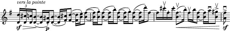 \relative c'' {
\new Staff \with { \remove "Time_signature_engraver" } {
\set Score.tempoHideNote = ##t \tempo "" 4=85 \key e \minor \time 4/4
\override TupletBracket.bracket-visibility = ##f
\times 2/3 { <d d,>16^\markup { \italic { vers la pointe } } \sf \> <cis d,> <c d,> }
<b d,>8~\! ( q16 <ais d,>16-.\p ) <b d,>8~ (
q16 <cis fis,>-.) <d fis,>8~( q16 <e b>-.) <fis b,>8~(
q16 <g b,>-.) <fis b,>8~( q16 b-.) <fis b,>8~(
q16 g-.) <fis b,>8~( q16 d'-.) fis,8~
fis16) cis'-.\upbow fis,-. cis'-. <fis, b,>8.\upbow \< ( b16-.)
fis16\upbow b <fis b,>8~ q16 a\downbow <gis b,>8-> \upbow <fis a,>-> \downbow \sf
}
}
