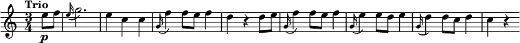 \version "2.18.2"
\relative c'' {
\key c \major
\time 3/4
\tempo "Trio "
\tempo 4 = 132
\partial 4 e8\p f
\grace e16 (g2.)
e4 c c
\grace g16 (f'4) f8 e f4
d r d8 e
\grace g,16 (f'4) f8 e f4
\grace g,16 (e'4) e8 d e4
\grace g,16 (d'4) d8 c d4
c r
}
