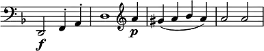 
 \relative c' \new Staff \with { \remove "Time_signature_engraver" } { \key d \minor \time 4/4 \clef bass
  <<
   { d,,2\f  f4-. a-. d1 }
  \\
   { \stemUp s1 s2. \clef treble a''4\p gis( a bes a) a2 a }
  >>
 }
