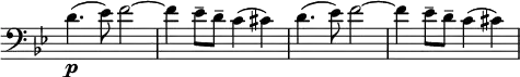 
\relative c' \new Staff \with { \remove "Time_signature_engraver" } { 
 \key g \minor \time 4/4 \set Score.tempoHideNote = ##t \tempo "" 4=132 \clef bass
 d4.\p( es8) f2~ f4 es8-- d-- c4( cis) d4.( es8) f2~ f4 es8-- d-- c4( cis)
}
