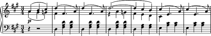 \relative b' {
\new PianoStaff <<
\new Staff { \key fis \minor \time 3/4 \set Score.tempoHideNote = ##t \tempo "" 2. = 56
<<
{
a4( b cis) d( fis,4. a8) d4( fis,4. a8) d2.~( d4 cis b) cis( e,4. a8) cis4( e,4. a8)
}
\\
{
a4( gis g) fis s4. s8 s4 s4. s8 r4 a g fis e d cis
}
>>
}
\new Dynamics {
s4\p
}
\new Staff { \key fis \minor \time 3/4 \clef bass
r4 r2 d,4 <fis a d> <fis a d> d4 <fis a d> <fis a d> d4 <fis a d> <fis a d> d4 <fis a> <fis a> e4 <a cis> <a cis> e4 <a cis> <a cis>
}
>>
}