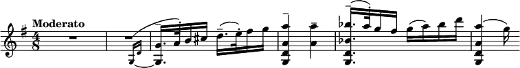 \relative c' \new Staff {
\key g \major \set Score.tempoHideNote = ##t \tempo "Moderato" 8=108 \time 4/8
#(define afterGraceFraction (cons 15 16)) \set tieWaitForNote = ##t
R2 \afterGrace R2 { g16~^( d' } <g g,>16.^- a32^.) b16 cis d16.^-( e32^.) fis16 g
<a a, d, g,>4^- <a a,>^- <bes bes, d, g,>16.^-^( a32^.) g16 fis g( a) bes d
<a a, d, g,>4( g16)
}