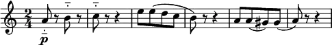 
\relative c'' {  
  \new Staff  
   { \key a \minor  \time 2/4
    a8\p-_ r b-_ r | c-_ r r4 | [ e8 e( d c ] | b) r r4 | [a8 a( gis) gis( ] | a) r r4 |
  }}
