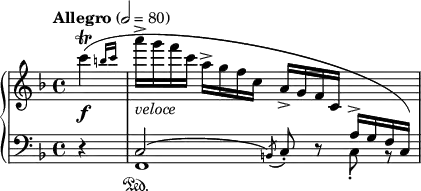 
\new PianoStaff <<
\new Staff = "Up" <<
\new Voice \relative c' {
\clef treble
\override Score.MetronomeMark.Y-offset=#9
\tempo "Allegro" 2=80
\time 4/4
\key f \major
\partial 4
\afterGrace c''4 \f \trill ({b16 c} a'-> _\markup{\italic veloce} g f c a-> g f c a-> g f c \change Staff = "Down" \stemUp a^> g f c)
}
>>
\new Staff = "Down" <<
\new Voice \relative c{
\clef bass
\key f \major
r4 c2^(\acciaccatura b8) c-. d \rest \stemDown c_. b \rest
}
\new Voice \relative c{
s4 f,1 \sustainOn
}
>>
>>
