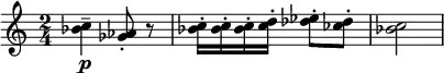 { \key c \major \time 2/4 \relative c''
{<bes c>4-- \p
<ges as>8-.
r8
<bes c>16-.
<bes c>-.
<bes c>-.
<c d>-.
<des es>8-.
<ces des>-.
<bes c>2
}
}