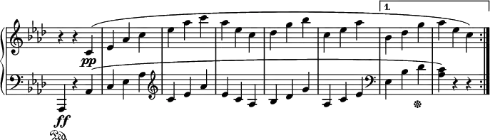 \relative c' {
\new PianoStaff <<
\new Staff \with { \remove "Time_signature_engraver" } {
\key aes \major \time 3/8 \set Score.tempoHideNote = ##t \tempo "" 4=320
\set Score.alternativeNumberingStyle = #'numbers \repeat volta 1 {
r4 r c\pp ( es aes c es aes c aes es c des g bes c, es aes }
\alternative { { bes, des g aes es c) } } \bar ":|."
}
\new Staff \with { \remove "Time_signature_engraver" } {
\key aes \major \time 3/4 \clef bass
aes,,,\ff \sustainOn r aes'( c es aes \clef treble c es aes es c aes bes des g
aes, c es \clef bass es, bes' des\sustainOff <c aes>) r r
}
>>
}