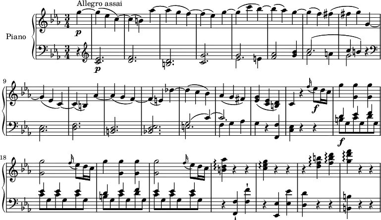 \version "2.18.2"
\header {
tagline = ##f
}
upper = \relative c' {
\clef treble
\key ees \major
\time 3/4
\tempo "Allegro assai"
\tempo 4 = 200
%\autoBeamOff
% Incipit Mozart, sonate K.457
\partial 4 g''4 \p ^ \markup {Allegro assai } ~ g (ees c)
~ c (b) aes' ~
aes (g f) ~ f (ees) g ~
g (c bes) ~ bes (aes) g ~
g (f) fis (fis g)
g, ~ g (ees c) ~
c (b) aes' ~ aes (g f)
~ f (e) des' ~ des (c bes)
aes (g fis)
<ees g> (<c ees> <b d>)
c4 r \grace f'16 (ees8)\f d16 c
g'4 <g, g'> <g g'> <g g'>2 \grace f'16 (ees8) d16 c
g'4 <g, g'> <g g'> <g g'>2 \grace f'16 (ees8) d16 c
<b d aes'>4 \arpeggio r r
<c ees g>\arpeggio r r
r <d f b>\arpeggio <f b d>\arpeggio
<g d' f>\arpeggio r r
}
lower = \relative c' {
\clef bass
\key ees \major
\time 3/4
\partial 4 r4
\clef treble <c ees>2. \p <d f>
<b d> <c g'> << { \stemDown ees2 e4} \\ { \stemUp g2. } >>
<f aes>2 <g bes>4
<< { \stemDown aes2 a4 g2} \\ { \stemUp c2. ^ (c4 b) } >> r4 \clef bass
<c,, ees>2. <d f> <b d> <bes! d es>
<< { \stemDown e!2. f4 g aes} \\ { \stemUp g2 ^(c4) ^ (c2.) } >>
g4 r <f, f'>
<c' es> r r
<< { \stemDown b'8\f g c g d' g, c g c g c g b g c g d' g, c g c g c g } \\ { \stemUp d'4 ees f ees ees ees d ees f ees ees ees } >>
r4 <f,, f'>-! <f' f'>-!
r <ees, ees'> <ees' ees'>
<d d'> r r <b b'> r r
}
\score {
\new PianoStaff <<
\set PianoStaff.instrumentName = #"Piano"
\new Staff = "upper" \upper
\new Staff = "lower" \lower
>>
\layout {
\context {
\Score
\remove "Metronome_mark_engraver"
}
}
\midi { }
}