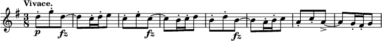 \relative c'' {
\key g \major \time 3/8 \set Score.tempoHideNote = ##t \tempo "Vivace." 4.=86
d8-.\p g-. d\fz ~ d c16-. d-. e8 c-. e-. c\fz ~ c b16-. c-. d8
b-. d-. b\fz ~ b a16-. b-. c8 a-. c-. a-> ~ a g16-. fis-. g8
}