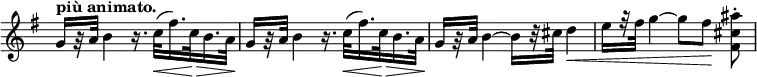 
\relative c'' \new Staff \with { \remove "Time_signature_engraver" } {
 \set Score.tempoHideNote = ##t \tempo "più animato." 8=112 \key e \minor \time 6/8
 g16[ r32 a] b4 r16. c32\< ( fis16.) c32\> b16. a32\!
 g16[ r32 a] b4 r16. c32\< ( fis16.) c32\> b16. a32\!
 g16[ r32 a] b4~( b16[ r32 cis] d4\< e16[ r32 fis] g4~ g8[ fis\!] <ais cis, fis,>-.
}
