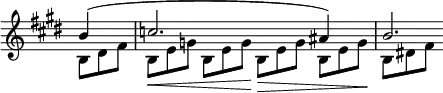 
 \relative c' \new Staff \with { \remove "Time_signature_engraver" } { \key cis \minor \time 2/2 \partial 4
  <<
   { b'4( c2. ais4) b2.*1/3 }
  \\
   { b,8*2/3[ dis fis] b,[ \< e g] b, e g\! b,[ \> e g] b, e g \! b,[ dis! fis] }
  >>
 }

