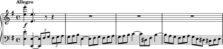 \new PianoStaff <<
  \new Staff = "upper" \new Voice \relative c'' {
    \override TupletBracket.bracket-visibility = ##f
    \time 4/4
    \key e \minor
    \tempo "Allegro"
    \omit TupletNumber
    <e e'>4-.\f <e, e'>4. r8 r4 | R1*3 
  }
  \new Staff = "lower" \new Voice \relative c {
    \override TupletBracket.bracket-visibility = ##f
    \time 4/4
    \key e \minor
    \clef "bass"
    <e e'>4-. <e e,>4~ \tuplet 3/2 { <e e,>8 fis g } \tuplet 3/2 { fis g a } |
    \omit TupletNumber
    \tuplet 3/2 { g a b } e,4~ \tuplet 3/2 { e8 fis g } \tuplet 3/2 { fis g a } |
    \tuplet 3/2 { g a b } c4~ \tuplet 3/2 { c8 dis, fis } b4~ |
    \tuplet 3/2 { b8 a g } \tuplet 3/2 { fis g a } \tuplet 3/2 { g e dis } \tuplet 3/2 { cis dis e } |
  }
>>
