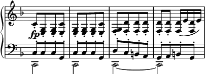 
 \relative c' {
  \new PianoStaff <<
   \new Staff \with { \remove "Time_signature_engraver" } { \key f \major \time 2/4
    c8-.[ <g e>-. <g e>-. <c e,>-.] <g e>-.[ <g e>-. <g e>-. <c e,>-.]
    <g f>-.[ <d' f,>-. <d f,>-. <d f,>-.] <d f,>-. <d f,>-. <d f,>16( e <d f,> e)
   }
   \new Dynamics {
    s4\fp
   }
   \new Staff \with { \remove "Time_signature_engraver" } { \key f \major \time 2/4 \clef bass
    <<
     { c,8-.[ c-. c-. g-.] c-.[ c-. c-. g-.] d'-.[ c-. b-. a-.] g-.[ a-. b-. g-.] }
    \\
     { c,2 c c~ c }
    >>
   }
  >>
 }
