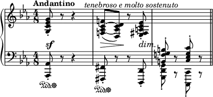 \relative c'' {
\new PianoStaff <<
\new Staff = "R" {
\key c \minor \time 4/8 \set Score.tempoHideNote = ##t \tempo "Andantino" 8=112
<g es c g>8-. r r4*1/2 s8^\markup { \italic { tenebroso e molto sostenuto } }
<f! c~ aes~ f!>8( <d c aes d,>) r <es c a fis es>-.
\change Staff = "L" \stemUp <b g f! b,>^. d,\rest <c' g es c>^. d,\rest
\bar "||"
}
\new Dynamics {
s8\sf s s4 s8\> s\! s s\dim s\! s s4
}
\new Staff = "L" { \key c \minor \time 4/8 \clef bass
<aes aes,>8*1/2-.\sustainOn s16\sustainOff r8 r4
<fis fis,>8*1/2-.\sustainOn s16\sustainOff r8 r <d d,>-.
\stemDown <g d g,>_. b,\rest <c c,>_. b\rest
}
>>
}