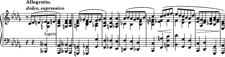 \relative c'' {
\new PianoStaff <<
\new Staff \with { \remove "Time_signature_engraver" } { \key des \major \time 3/4 \set Score.tempoHideNote = ##t
\tempo \markup {
\column {
\line { Allegretto. }
\line { \italic { dolce, espressivo } }
}
} 4=85
<<
\override Score.NonMusicalPaperColumn #'line-break-permission = ##f
{
b8\rest c,( des d es e <f des aes>4) <f des g,> <f des aes>
f8( ges! f es f ges <aes des, aes>4) <aes des, g,> <aes c, ges>
aes8( bes aes ges aes bes c4) c8( des es f es des c bes aes des
<aes es> <ges aes,> <f des> <aes f ces> <bes ges bes,> <ges es> <es c es,>4)
}
\\
{
s2 <des g,>4 s2. <des a>4 <des bes> <c aes!> s2.
ces4 bes <ges' es bes> <g e bes> <f es> f f <ges des> des s2. s4
}
>>
}
\new Dynamics {
s2 s4-\markup \italic legato s2. s s s s4 s\< s s\! s2 s4\> s s8 s\!
}
\new Staff \with { \remove "Time_signature_engraver" } { \key des \major \time 3/4 \clef bass
r4 r <beses, beses,> <aes aes,> <beses beses,> <aes aes,> <g g,> <ges ges,> <ges' ges,>
<f f,> <fes fes,> <es es,> <f d,> <es es,> <des des,>
<c c,> <a' f,> <c f, a,> <des bes,> <ges, ges,> <f f,>
<c c,> <des des,> <ges, ges,> <aes aes,>
}
>>
}